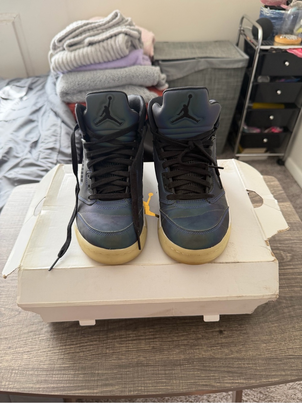 Jordan Retro High Top Sneakers in Iridescent Blue with Black Accents